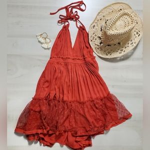NEW Boho Flowy Tie Halter Mesh Lace Ruffle Dress Rust Orange